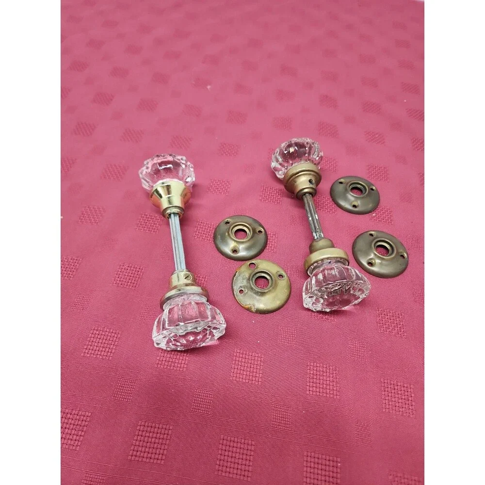 Vintage 12 Point Crystal Door Knob Sets With Spindle And Bezels Lot Of 2 ~ 1930s